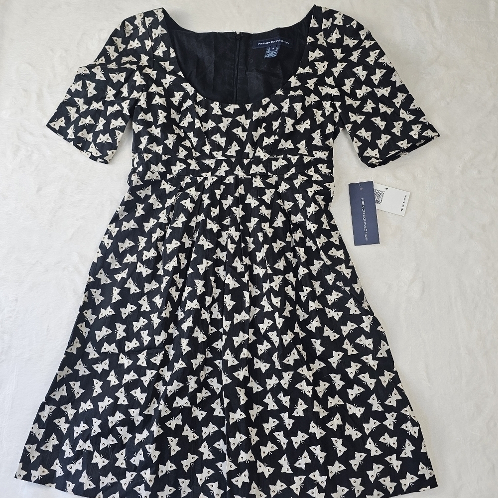 French connection dress size 4  butterfly print black cream a-line nwt msrp $148